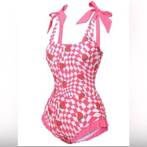 Women’s Retro Stage Pink 1960's Strawberry Plaid One-Piece Swimsuit SZ Med-new.